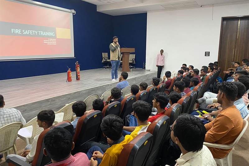 Fire safety training seminar conducted in an auditorium by Sahaj Group