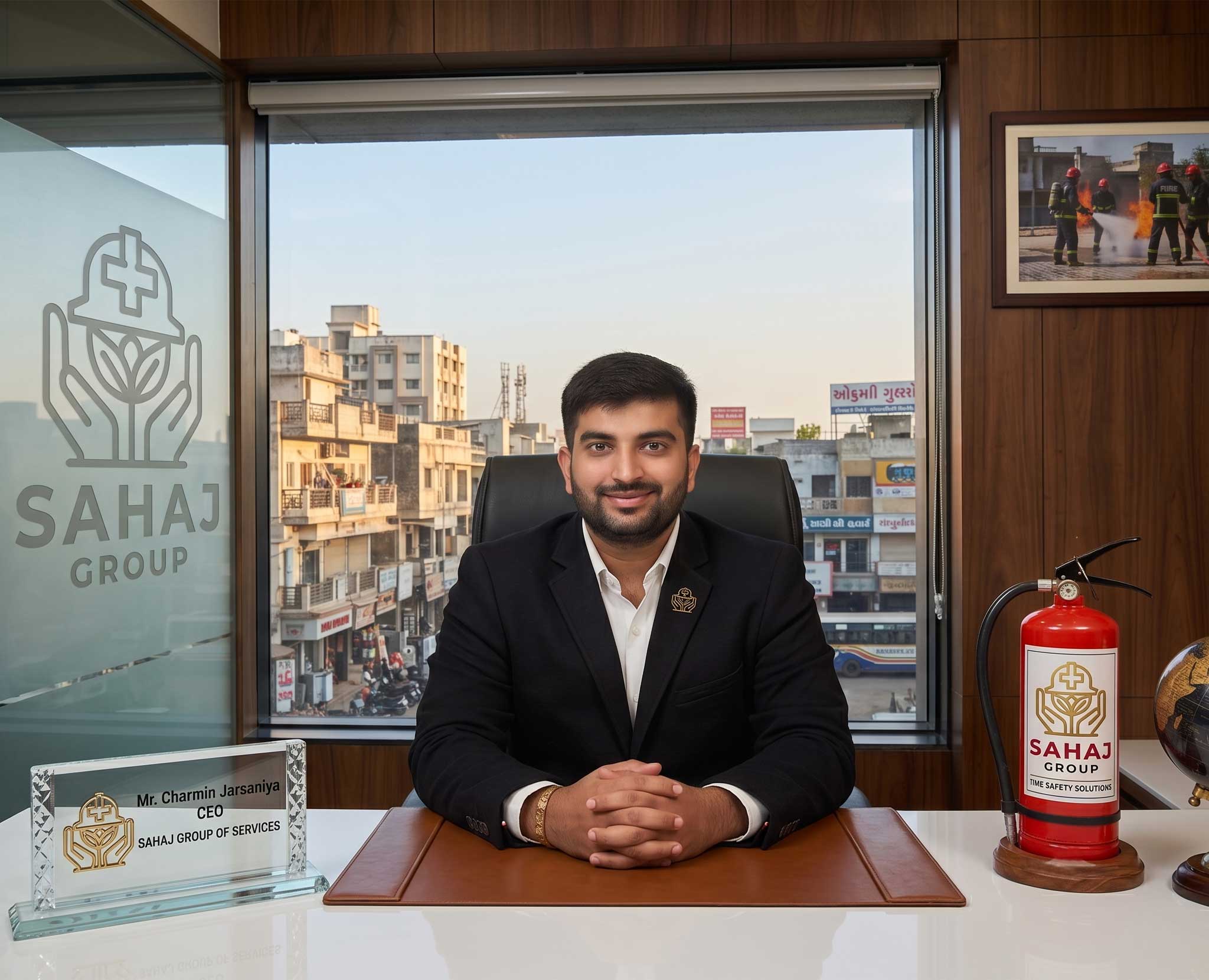 Sahaj Fire and Safety Mall showroom in Rajkot with fire extinguishers, PPE and safety equipment