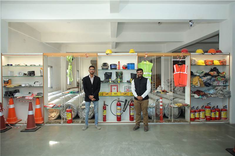 Sahaj Fire and Safety Mall showroom displaying extinguishers, helmets and PPE